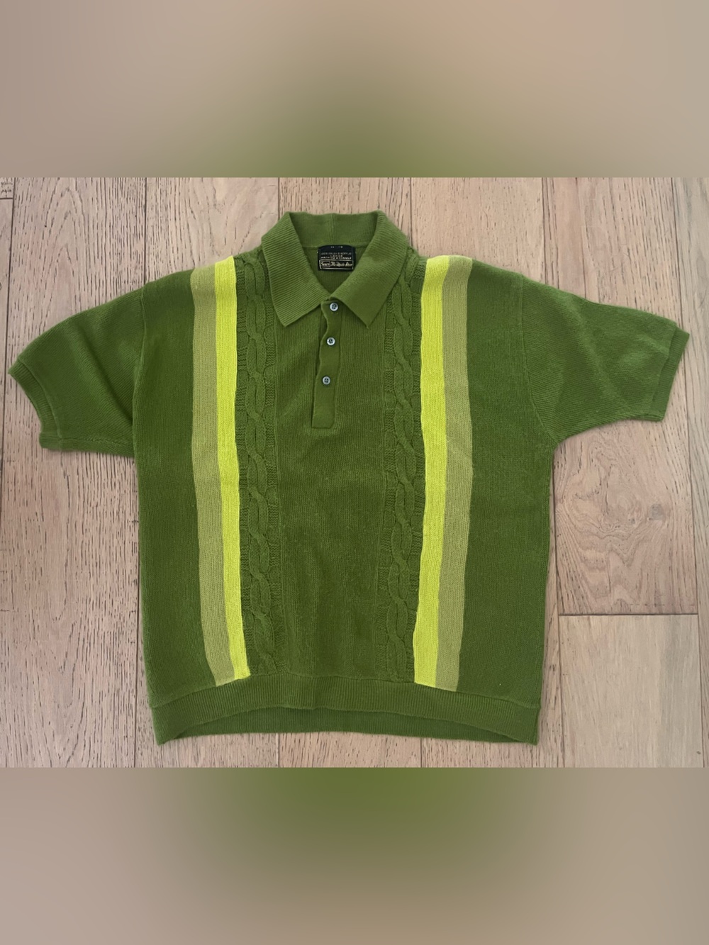 Vintage Sears Green Polo Zip-Up Sweater with Yellow Stripes large